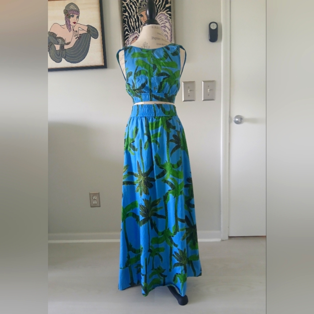 Animale Palm Tree Green & Blue Crop Top &  Maxi Skirt Set